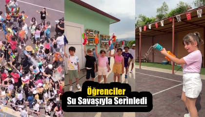 Sıcaktan bunalan öğrenciler su savaşıyla serinledi, ortaya renkli görüntüler çıktı