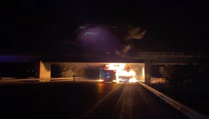 Lastik yüklü tır alev alev yandı