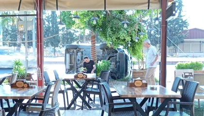 Mersinde yoldan çıkan araç ağaca çarparak devrildi