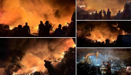 Alevlere teslim olan hurdalık alanda çıkan yangın geceyi aydınlattı