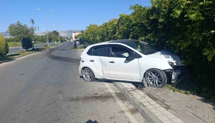 Refüjdeki ağacı deviren otomobil duvara çarparak durabildi: 1 yaralı