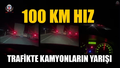 Trafikte 100ü bulan hızla yarışan kamyonların o anları kamerada