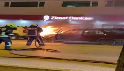 Mersinde park halindeki araç yandı