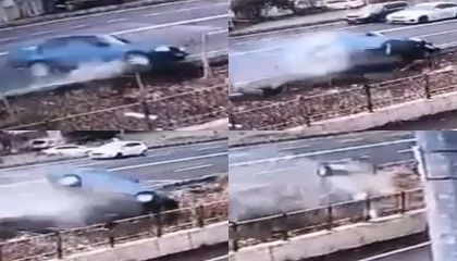 Otomobilin drenaj kanalına uçtuğu anlar görüntülendi