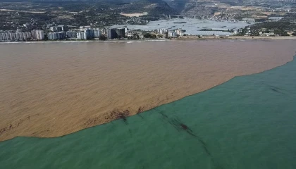 Derelerden Akdenize akan sel suları kıyı şeridini çamura bürüdü