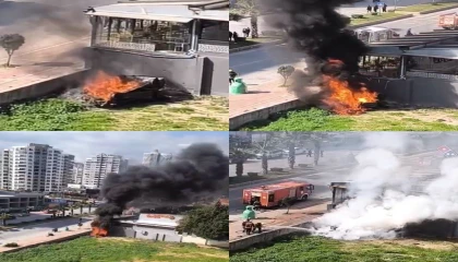 Mersinde iş yerinin duvarına çarpan otomobil alev aldı: 1 yaralı