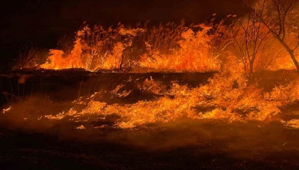 Burdurda sazlık alanda yangın geceyi aydınlattı