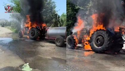 Alevlere teslim olan traktörde yaşanan patlama kameraya yansıdı