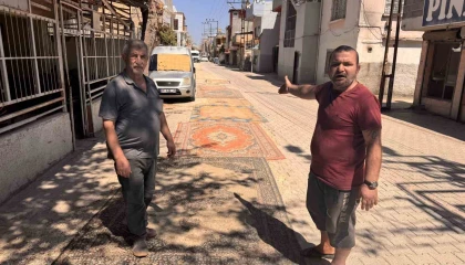 Tozdan bunalan mahalleli çareyi sokağa halı sermekte buldu