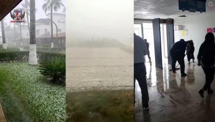 Dolu yağışıyla birlikte belediyenin prefabrik binası su içirişinde kalırken yollar göle döndü