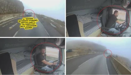 Önünde seyreden otomobil refüje çarptı, tır sürücüsü neye uğradığını şaşırdı